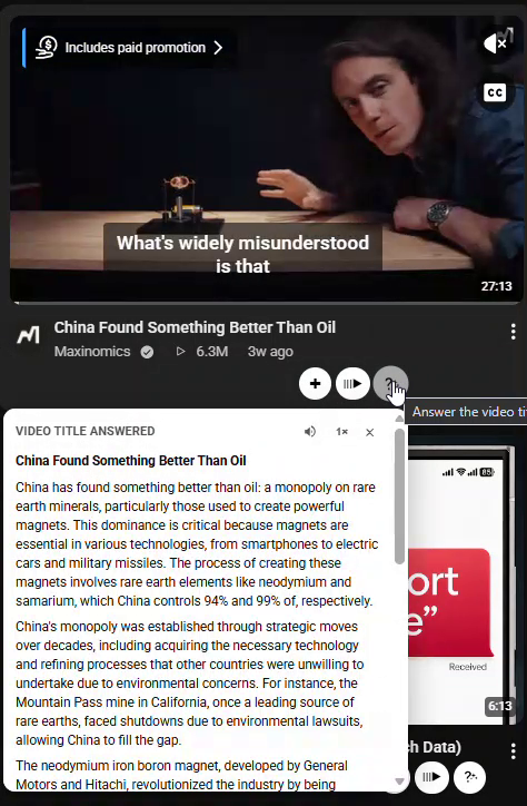 A title answer opens under a YouTube video.
